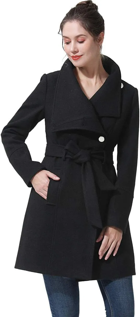 BGSD Women Bel Wool Blend Hooded Belted Walking Trench Coat (Also available in Plus Size and Petite)