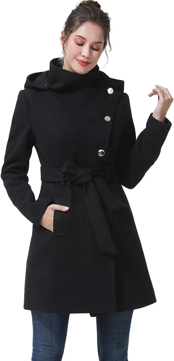 BGSD Women Bel Wool Blend Hooded Belted Walking Trench Coat (Also available in Plus Size and Petite)