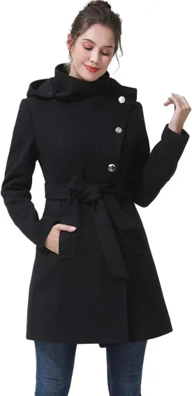 BGSD Women Bel Wool Blend Hooded Belted Walking Trench Coat (Also available in Plus Size and Petite)