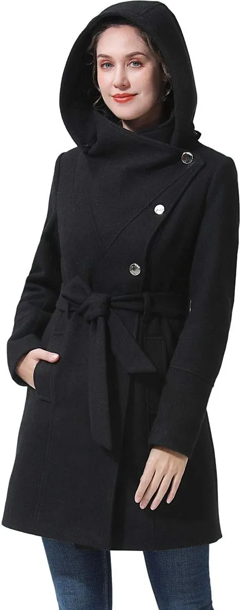 BGSD Women Bel Wool Blend Hooded Belted Walking Trench Coat (Also available in Plus Size and Petite)