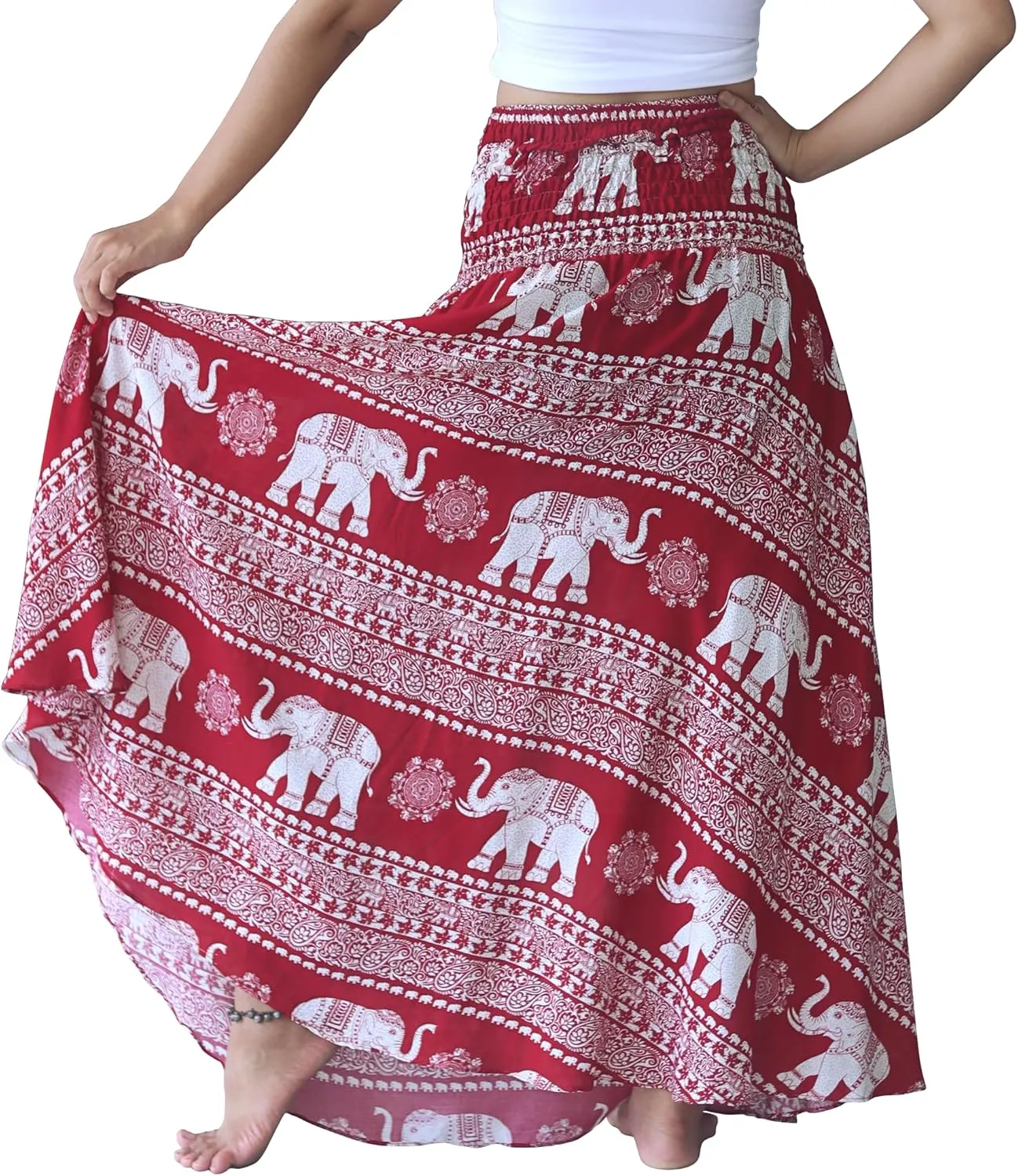 Full Funk Long Hippie Wrap Skirt Coconut Buckle Smocked Waist Elephant Design