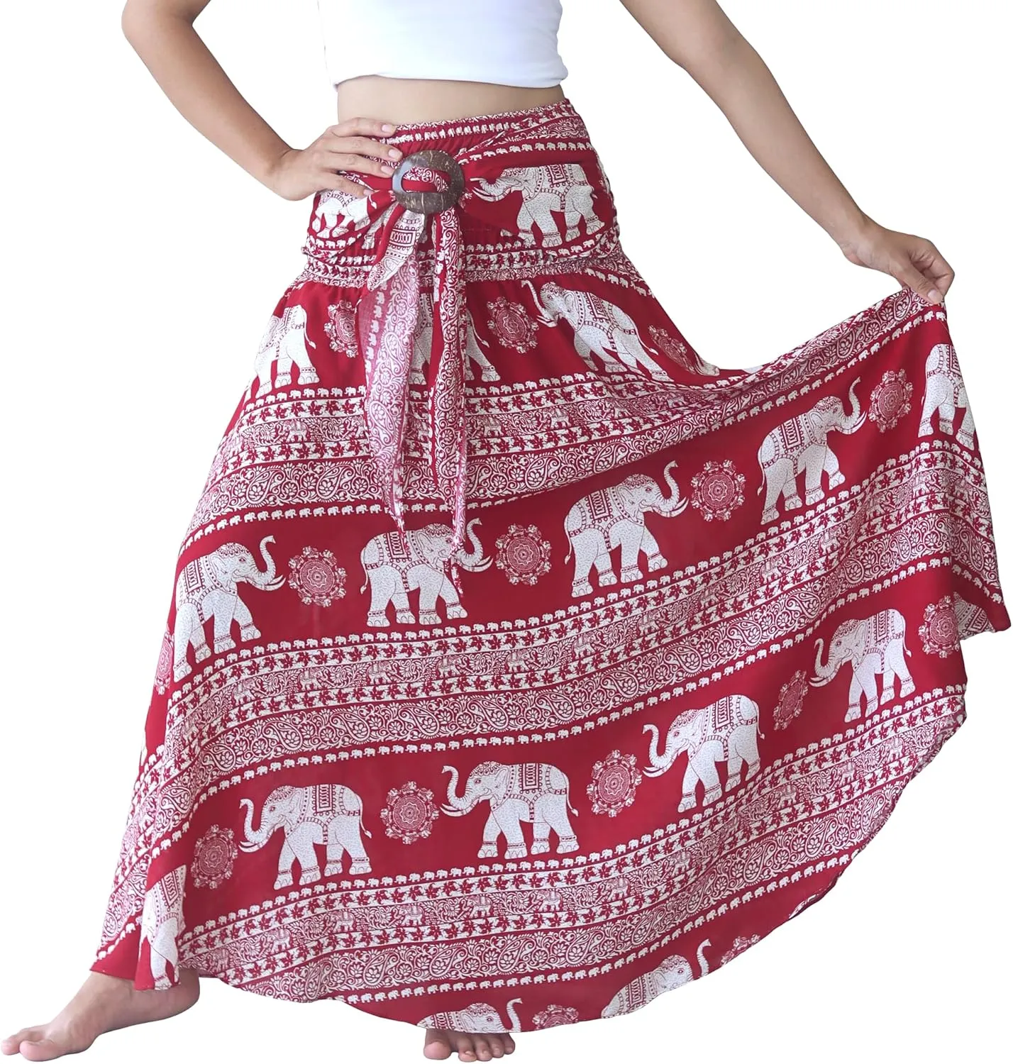 Full Funk Long Hippie Wrap Skirt Coconut Buckle Smocked Waist Elephant Design
