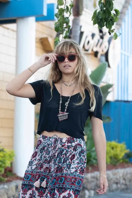 Luna Printed Long Skirt Blue/Red With Lurex