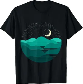Moon Over Mountain & River Landscape Illustration Art T-Shirt