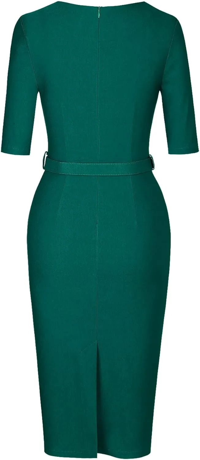 MUXXN Women's Audrey Hepburn 1960s Half Sleeve Formal Work Dress with Belt