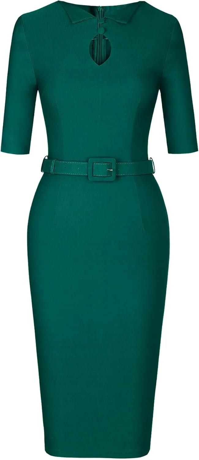 MUXXN Women's Audrey Hepburn 1960s Half Sleeve Formal Work Dress with Belt