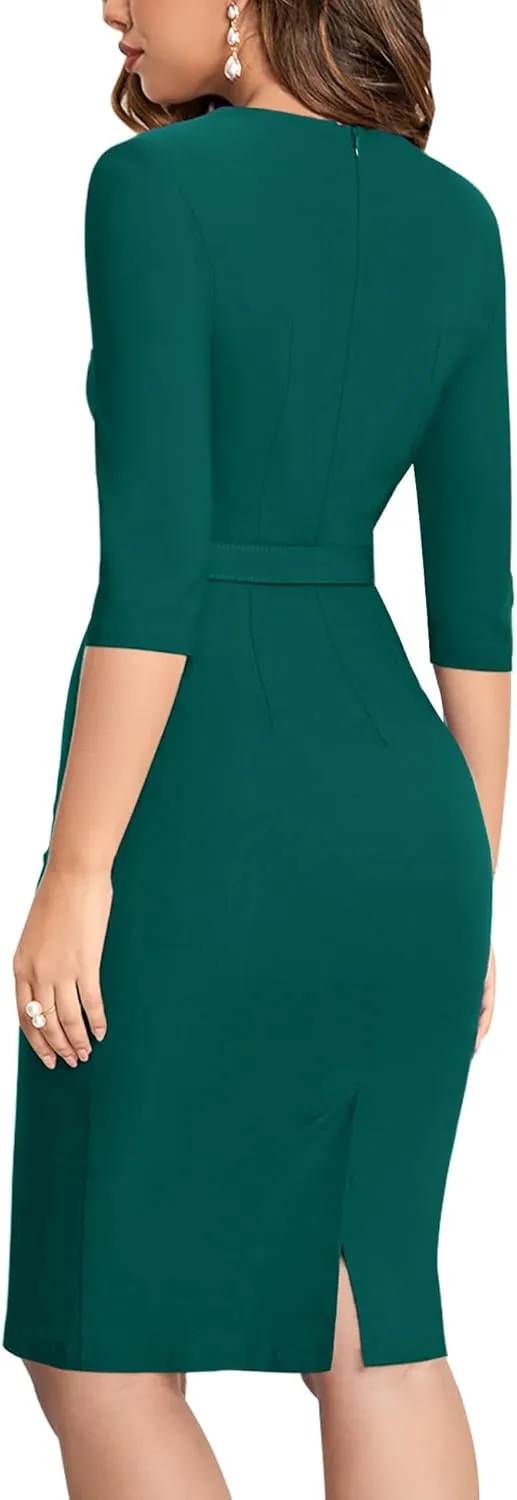 MUXXN Women's Audrey Hepburn 1960s Half Sleeve Formal Work Dress with Belt