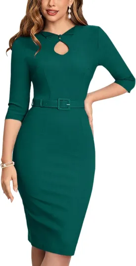 MUXXN Women's Audrey Hepburn 1960s Half Sleeve Formal Work Dress with Belt