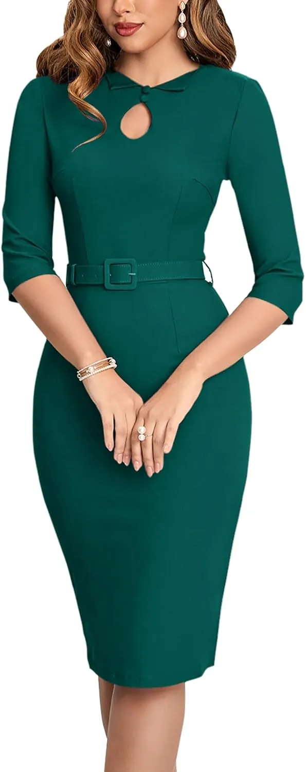 MUXXN Women's Audrey Hepburn 1960s Half Sleeve Formal Work Dress with Belt