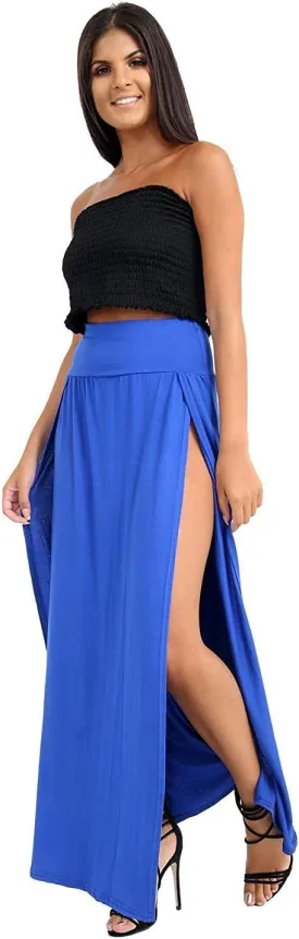 OgLuxe Womens Double Split Maxi Long Skirt Ladies Plain Basic Two Side Slit 4-22