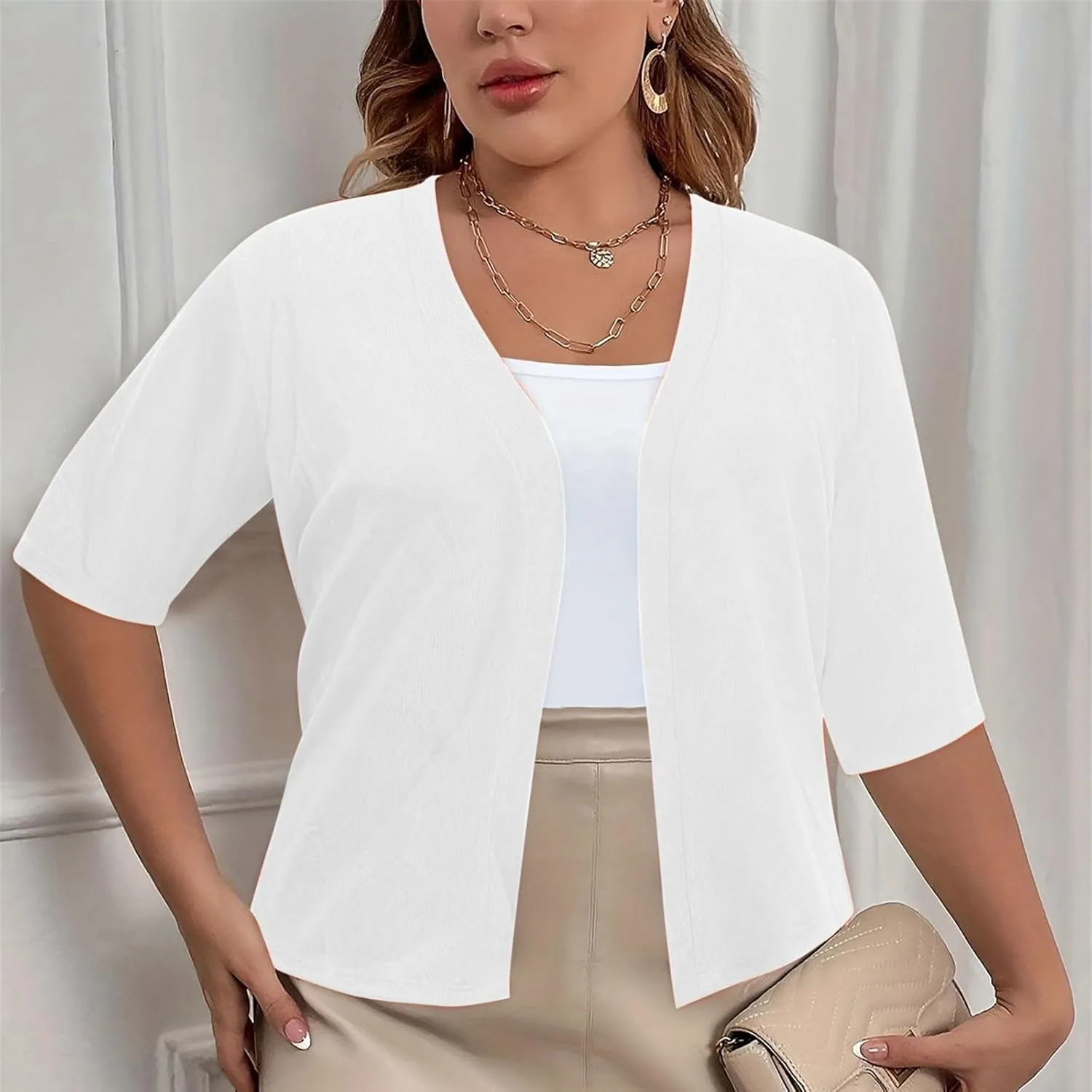 Plus Size Cardigan for Women Open Front Loose Business Casual Bolero Shrugs Short Sleeve Cropped Jacket 2024 Fall