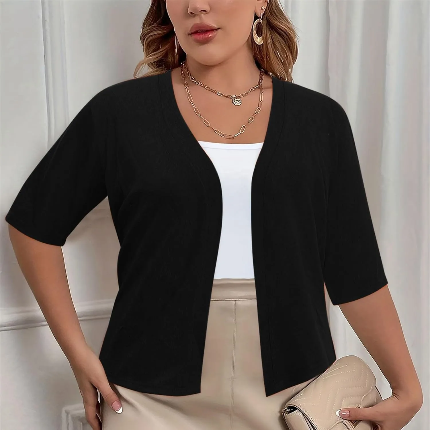 Plus Size Cardigan for Women Open Front Loose Business Casual Bolero Shrugs Short Sleeve Cropped Jacket 2024 Fall