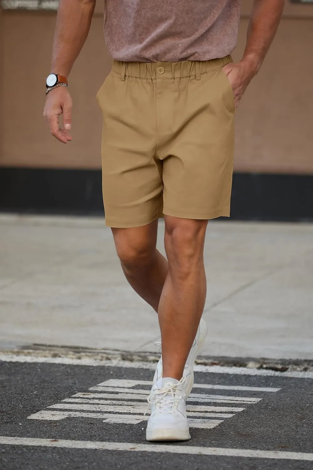 RQP Men's Cotton Casual Classic-fit 7" Chino Shorts Elastic Waist Daily Wear Dress Baech Summer Shorts