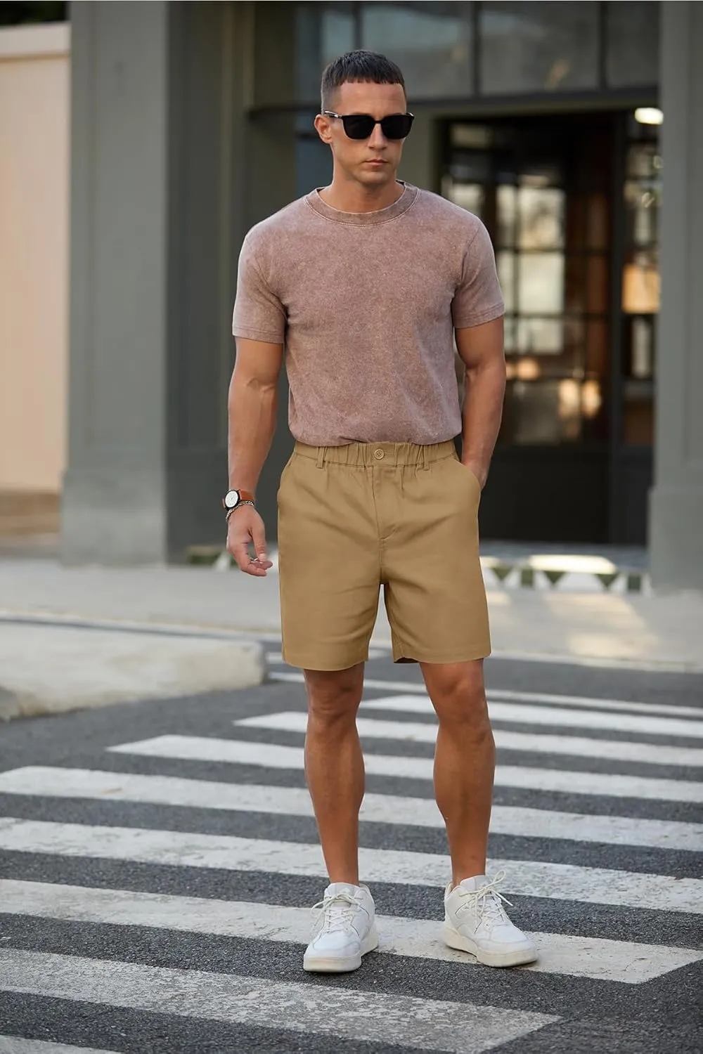 RQP Men's Cotton Casual Classic-fit 7" Chino Shorts Elastic Waist Daily Wear Dress Baech Summer Shorts