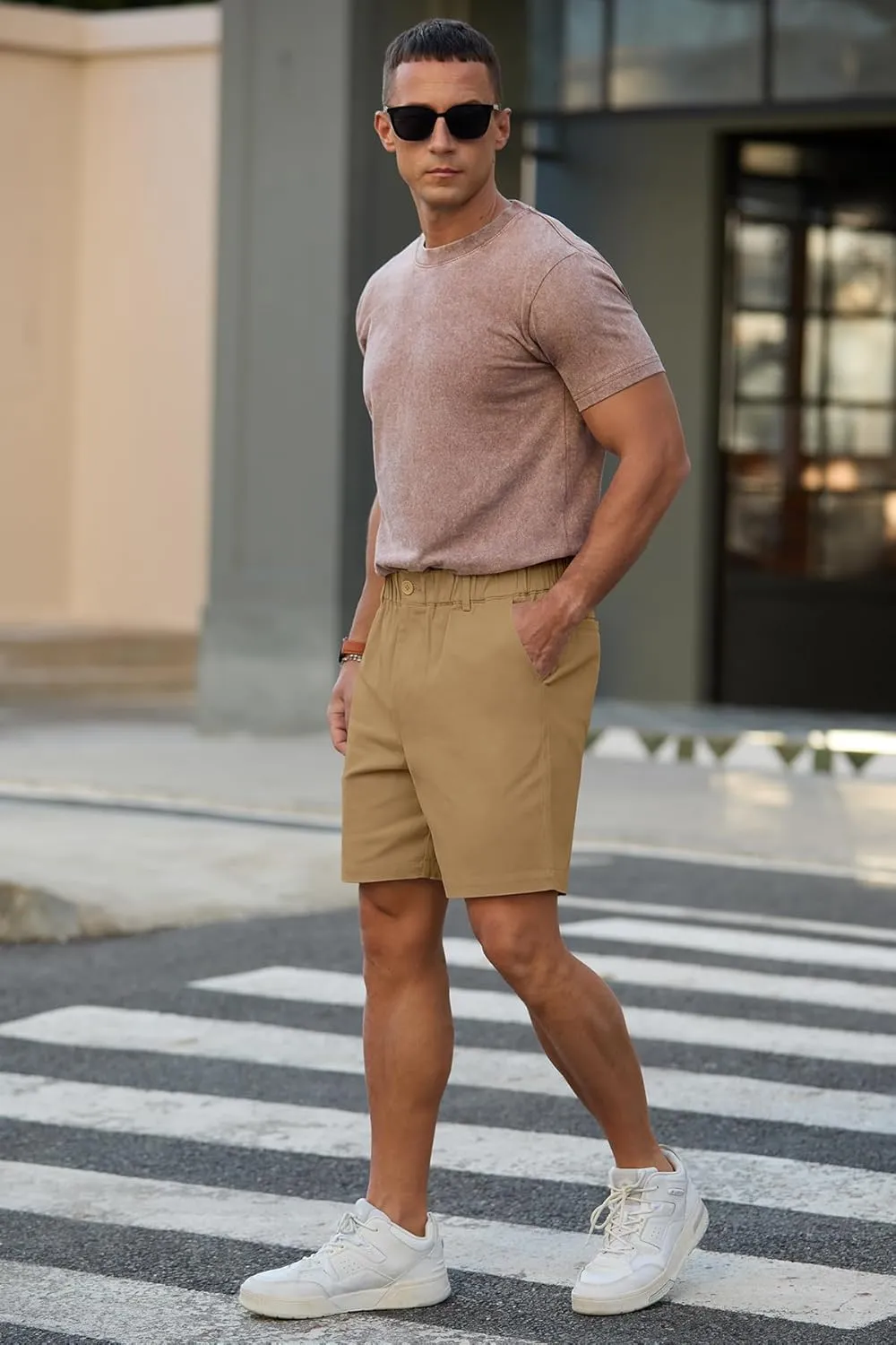 RQP Men's Cotton Casual Classic-fit 7" Chino Shorts Elastic Waist Daily Wear Dress Baech Summer Shorts