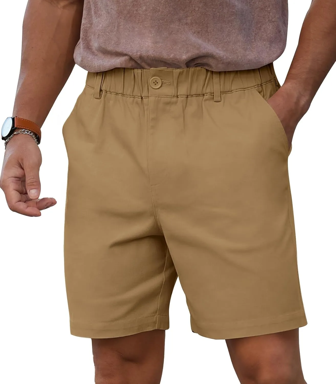 RQP Men's Cotton Casual Classic-fit 7" Chino Shorts Elastic Waist Daily Wear Dress Baech Summer Shorts