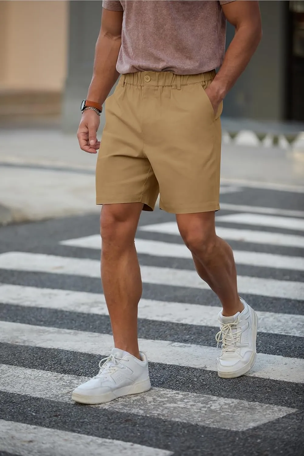 RQP Men's Cotton Casual Classic-fit 7" Chino Shorts Elastic Waist Daily Wear Dress Baech Summer Shorts
