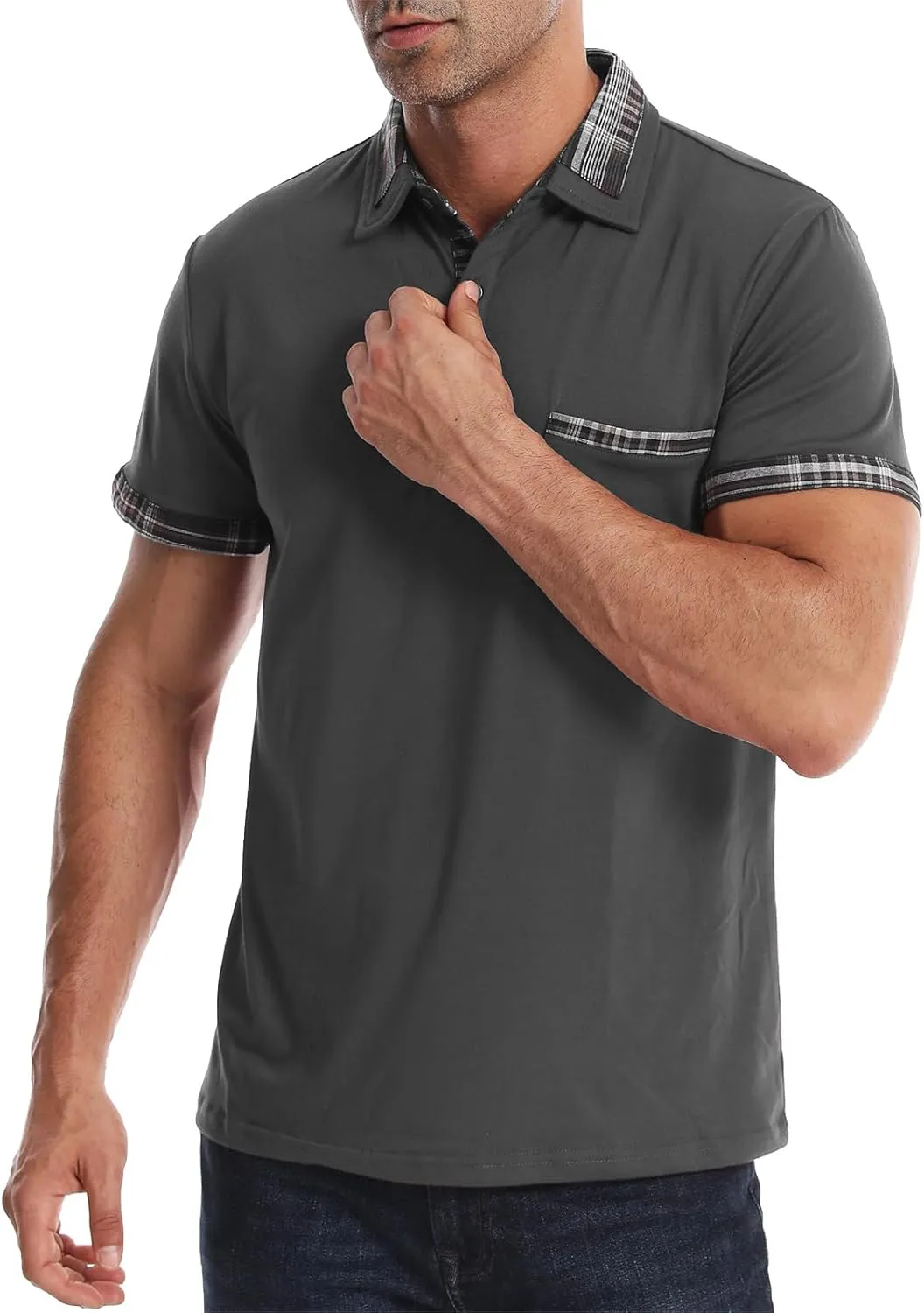 Suwangi Men's Polo Shirts Classic Button Basic Short Sleeve Shirt Casual Color Block Tees with Pocket Golf Stylish Tops