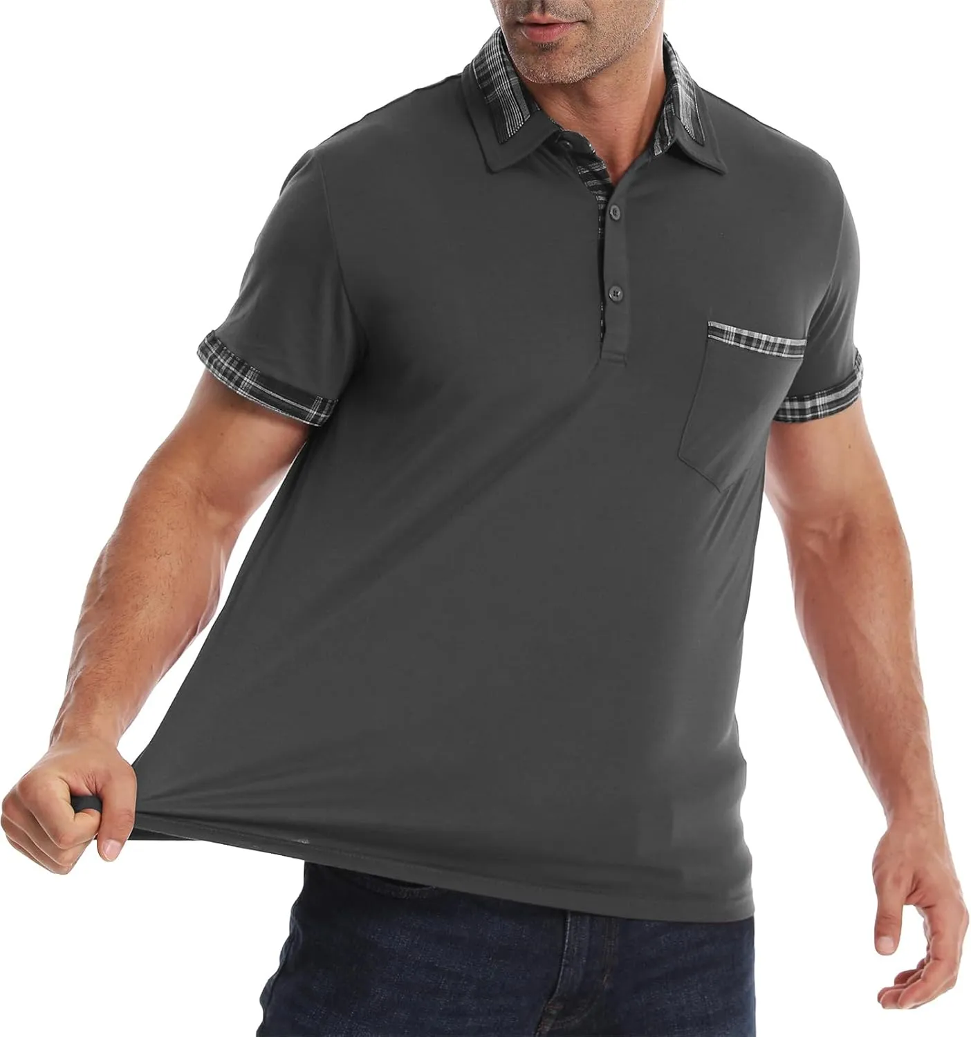 Suwangi Men's Polo Shirts Classic Button Basic Short Sleeve Shirt Casual Color Block Tees with Pocket Golf Stylish Tops