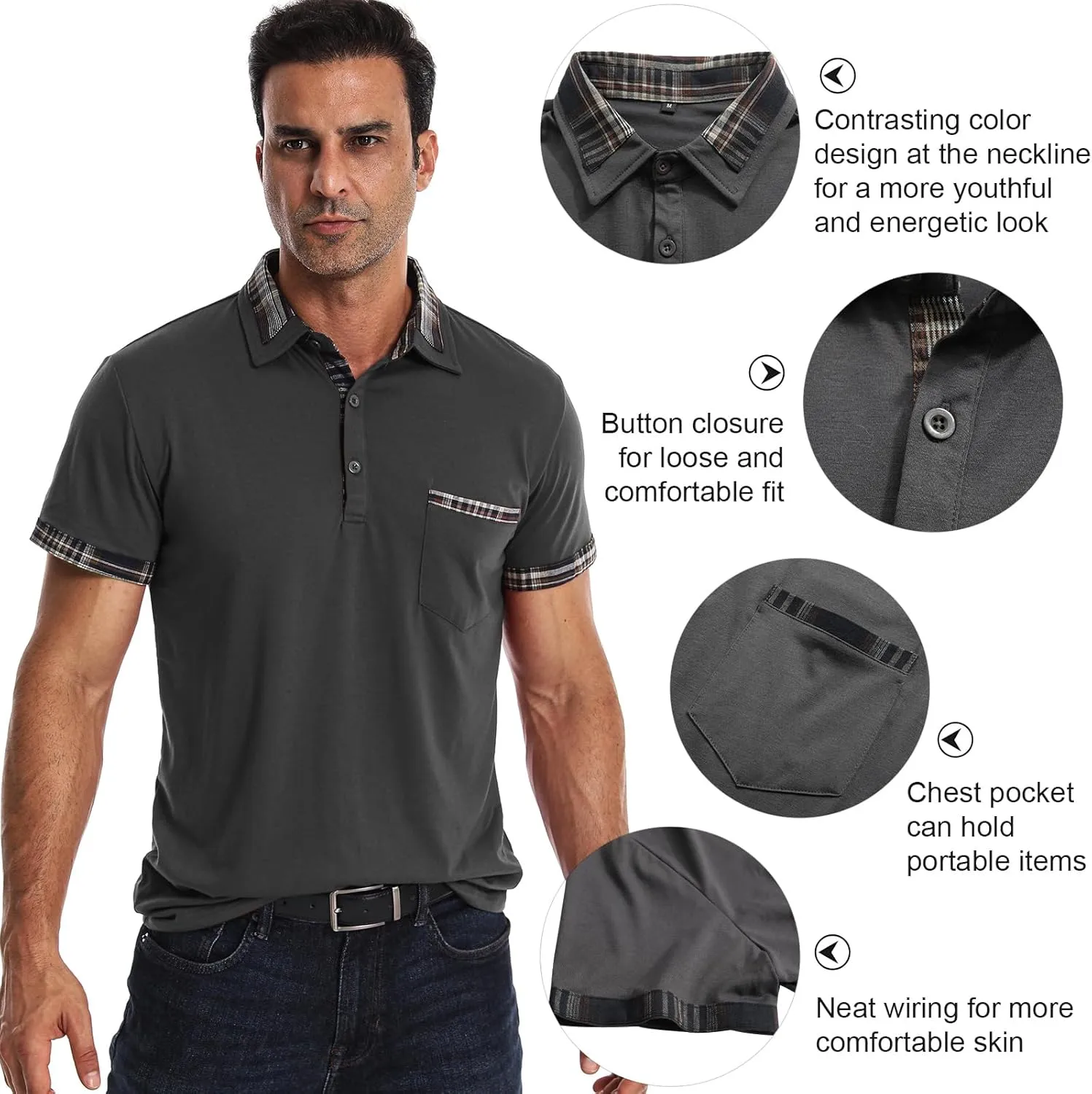 Suwangi Men's Polo Shirts Classic Button Basic Short Sleeve Shirt Casual Color Block Tees with Pocket Golf Stylish Tops