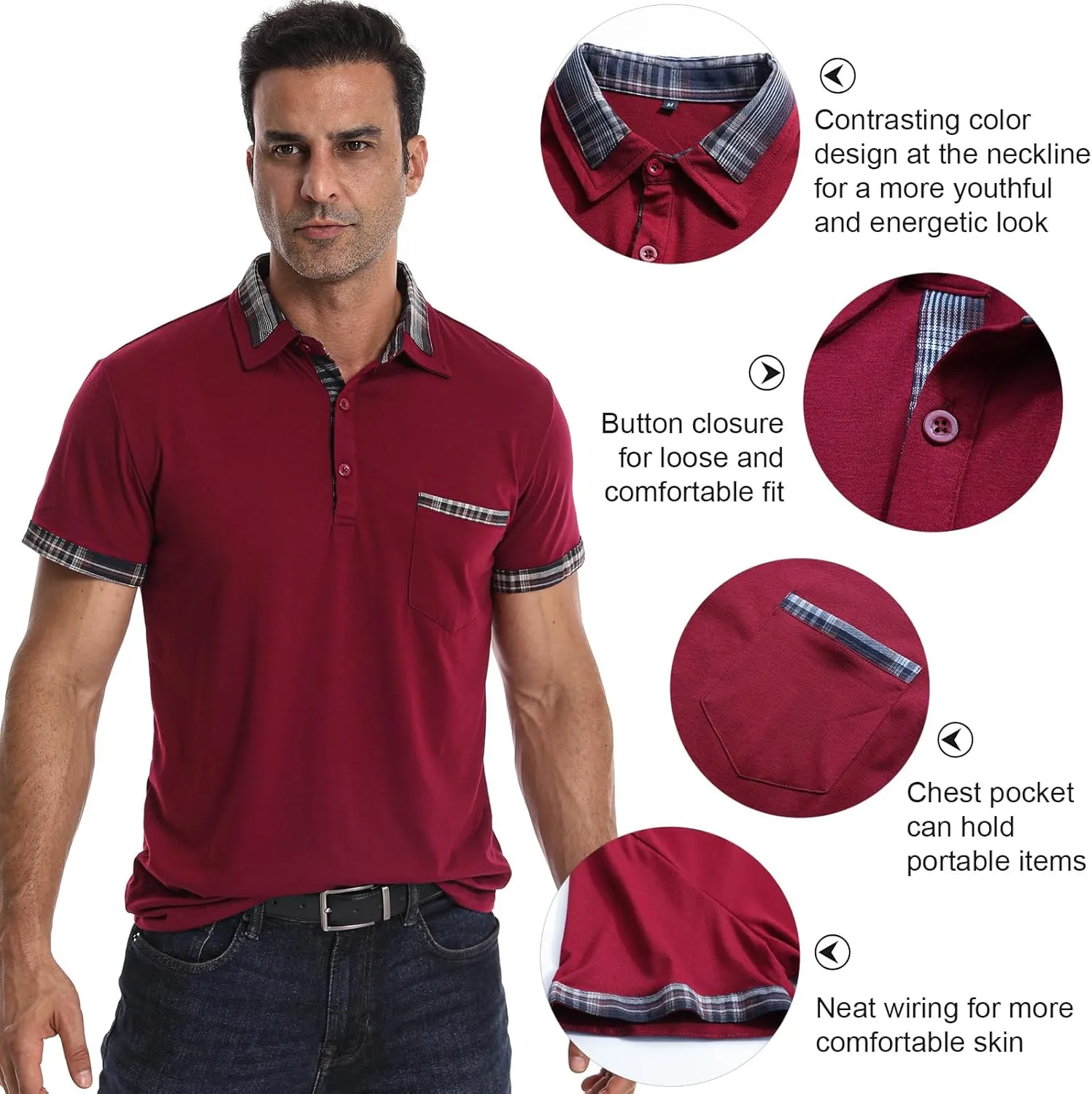 Suwangi Men's Polo Shirts Classic Button Basic Short Sleeve Shirt Casual Color Block Tees with Pocket Golf Stylish Tops