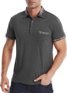 Suwangi Men's Polo Shirts Classic Button Basic Short Sleeve Shirt Casual Color Block Tees with Pocket Golf Stylish Tops