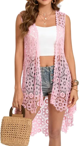 Women's Casual Long Crochet Vest Loose Fit Boho Lace Cover up High Low Sleeveless Cardigan