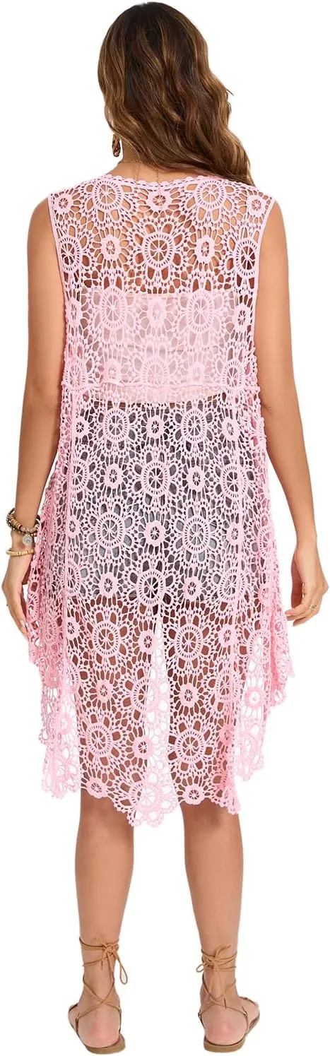 Women's Casual Long Crochet Vest Loose Fit Boho Lace Cover up High Low Sleeveless Cardigan