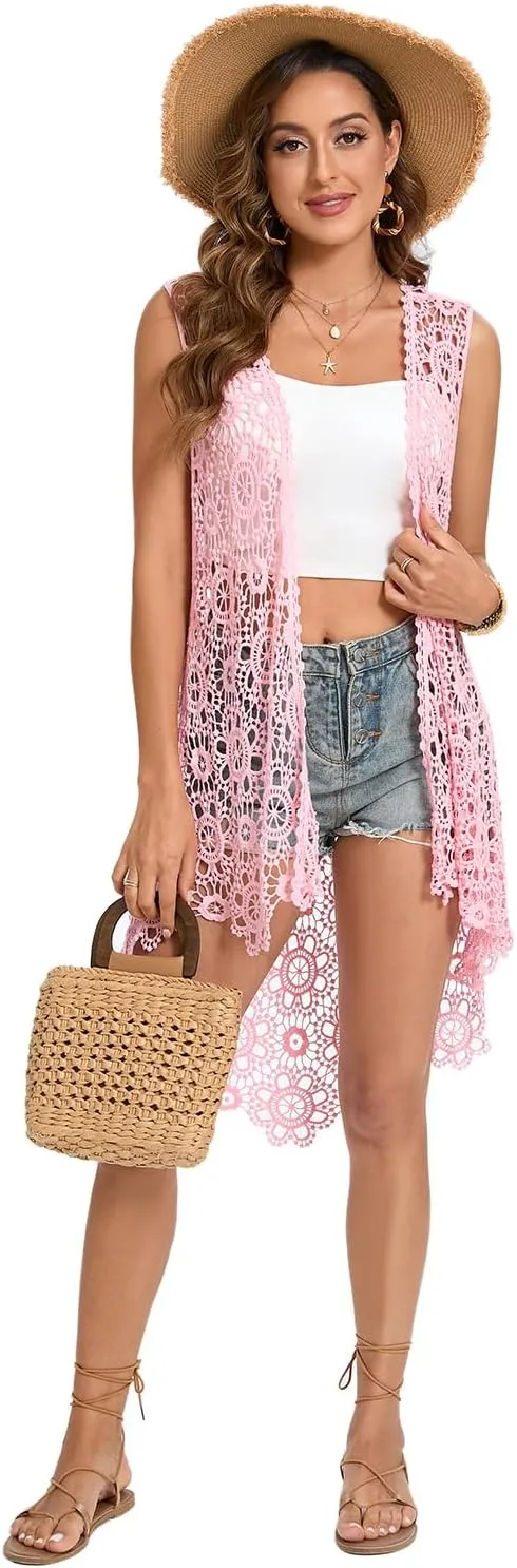Women's Casual Long Crochet Vest Loose Fit Boho Lace Cover up High Low Sleeveless Cardigan