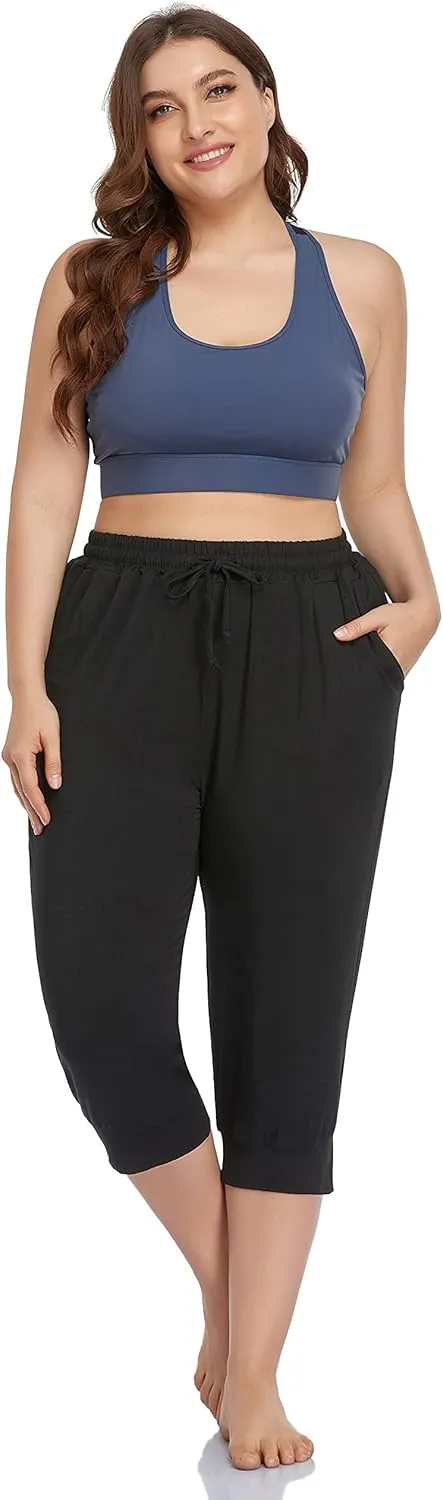ZERDOCEAN Women's Plus Size Active Yoga Lounge Indoor Capri Casual Comfy Relaxed Joggers Pants with Pockets Drawstring